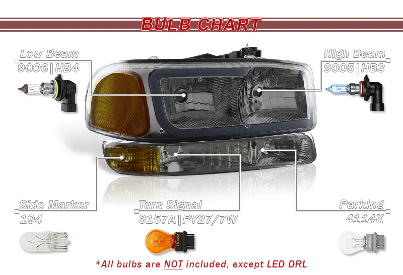 For 1999 - 2006 GMC Sierra / Yukon XL 1500 2500 G2 LED DRL Headlights -Chrome Housing / Smoke Lens / Amber Reflectors (4-Piece Set) - Image 5