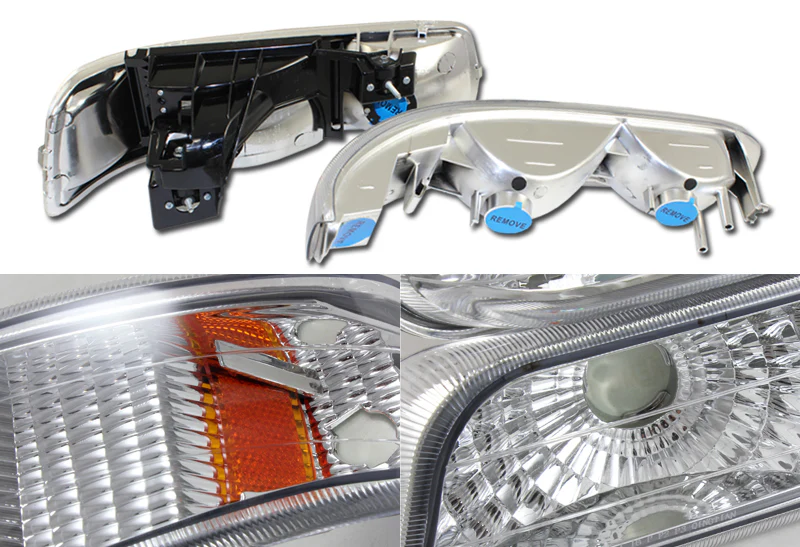 For 2000 - 2006 Chevrolet Chevy Suburban 1500 2500 Tahoe Headlights + Bumper Lights -Chrome Housing / Clear Lens / Amber Reflectors (4-Piece Set) - Image 2