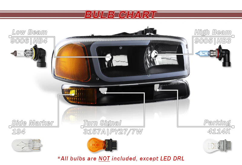 For 2000 - 2006 GMC Yukon XL 1500 2500 G2 LED DRL Headlights -Black Housing / Clear Lens / Amber Reflectors (4-Piece Set) - Image 5