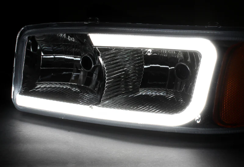 For 2001 - 2006 GMC Yukon / Sierra XL 1500 Denali G2 LED DRL Headlights -Chrome Housing / Smoke Lens / Amber Reflectors (4-Piece Set) - Image 4