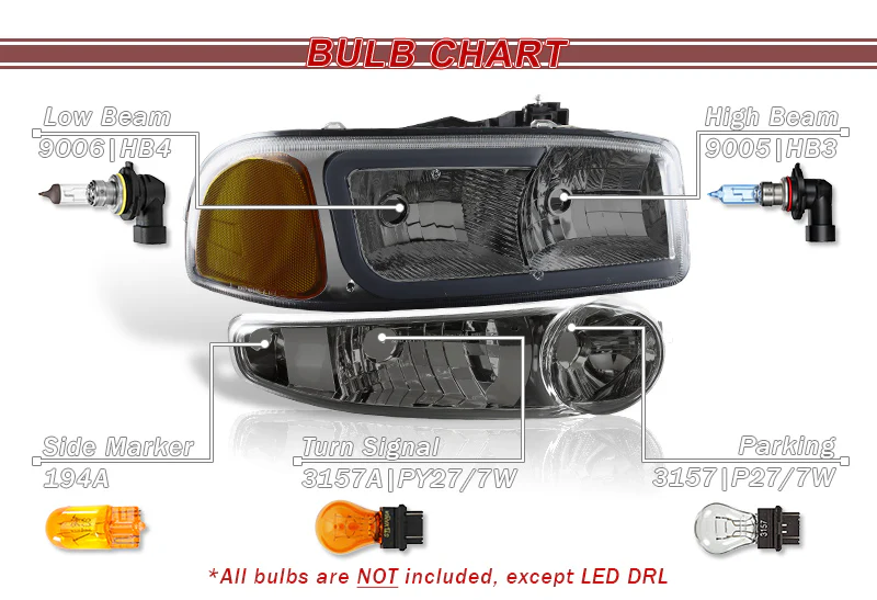 For 2001 - 2006 GMC Yukon / Sierra XL 1500 Denali G2 LED DRL Headlights -Chrome Housing / Smoke Lens / Amber Reflectors (4-Piece Set) - Image 5