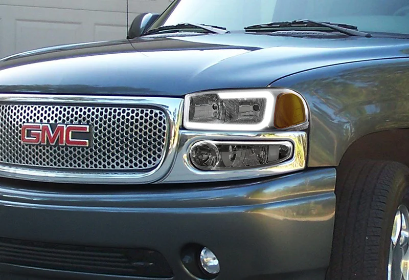 For 2001 - 2006 GMC Yukon / Sierra XL 1500 Denali G2 LED DRL Headlights -Chrome Housing / Smoke Lens / Amber Reflectors (4-Piece Set) - Image 7
