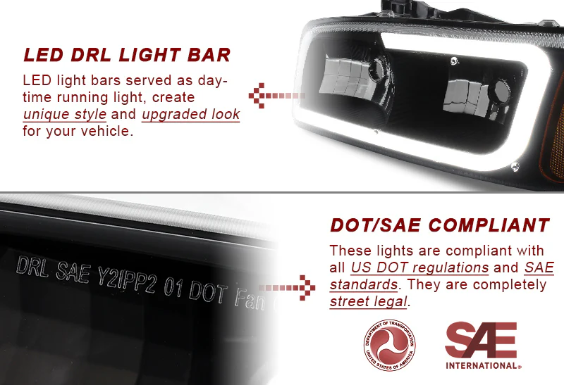 For 2001 - 2006 GMC Yukon / Sierra XL 1500 Denali G2 LED DRL Headlights -Black Housing / Smoke Lens / Amber Reflectors (4-Piece Set) - Image 2