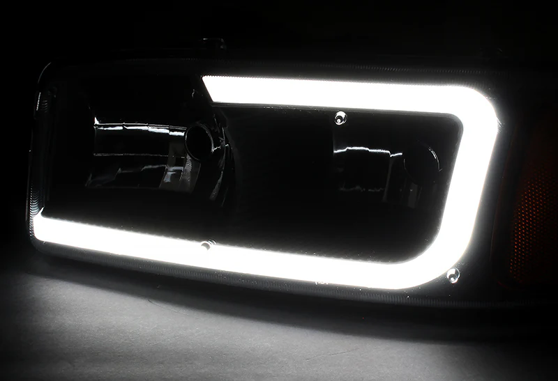 For 2001 - 2006 GMC Yukon / Sierra XL 1500 Denali G2 LED DRL Headlights -Black Housing / Smoke Lens / Amber Reflectors (4-Piece Set) - Image 4