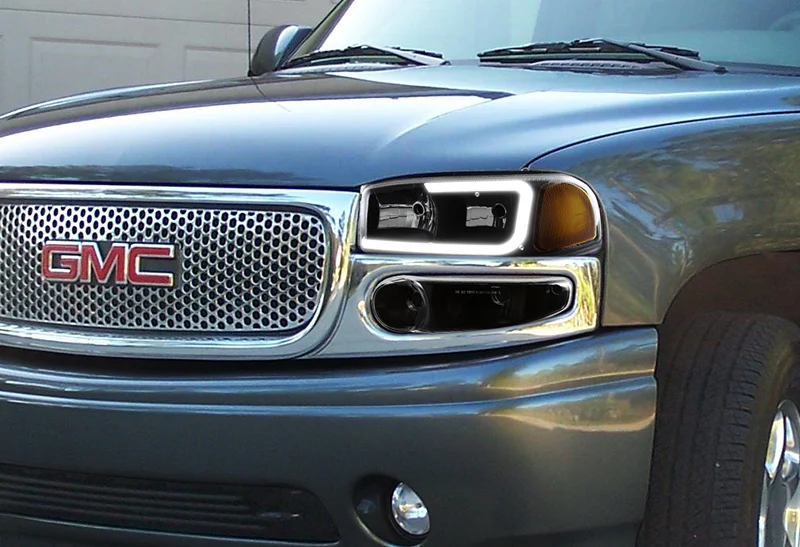 For 2001 - 2006 GMC Yukon / Sierra XL 1500 Denali G2 LED DRL Headlights -Black Housing / Smoke Lens / Amber Reflectors (4-Piece Set) - Image 7