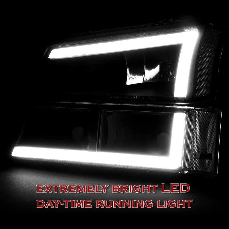 For 2003 - 2007 Chevrolet Chevy Silverado / 2002 - 2006 Avalanche LED DRL Headlights -Black Housing / Clear Lens / Clear Reflectors (4-Piece Set) - Image 5