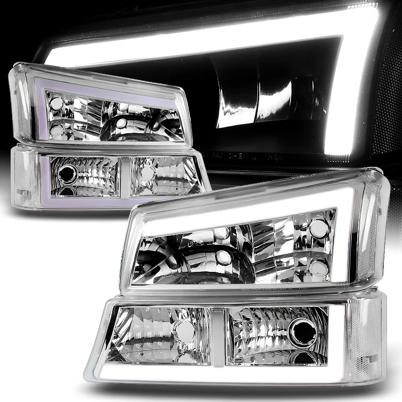 For 2003 - 2007 Chevrolet Chevy Silverado / 2002 - 2006 Avalanche LED DRL Headlights -Chrome Housing / Clear Lens / Clear Reflectors (4-Piece Set) - Image 2