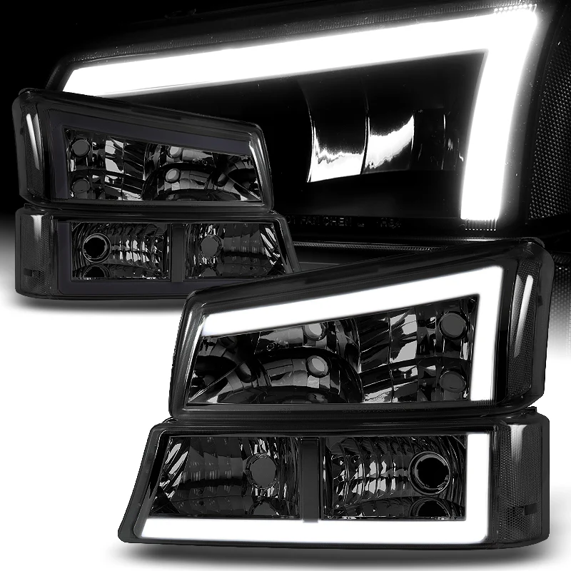 For 2003 - 2007 Chevrolet Chevy Silverado / 2002 - 2006 Avalanche LED DRL Headlights -Chrome Housing / Smoke Lens / Clear Reflectors (4-Piece Set) - Image 2