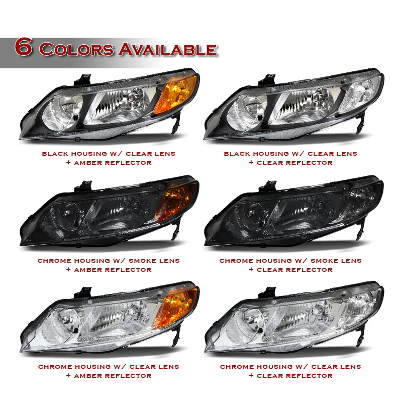 For 2006 - 2011 Honda Civic 4DR/Sedan Headlights -Chrome Housing / Clear Lens / Amber Reflectors - Image 4