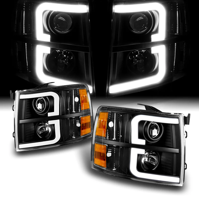 For 2007 - 2014 Chevrolet Chevy Silverado LED DRL Headlights -Black Housing / Clear Lens / Amber Reflectors - Image 2