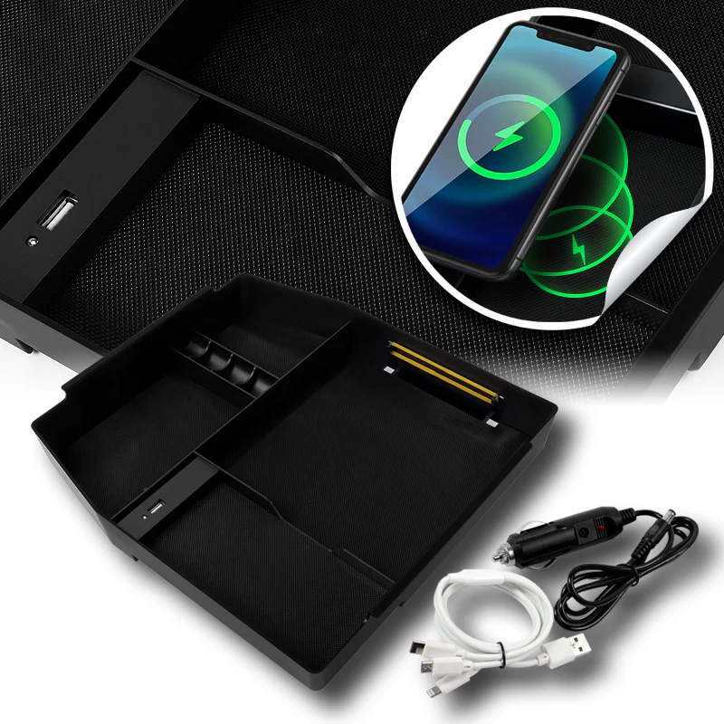 For 2015 - 2020 Ford F-150 Center Console Organizer Tray Armrest Storage Box With Wireless Charger And USB Ports - Image 8
