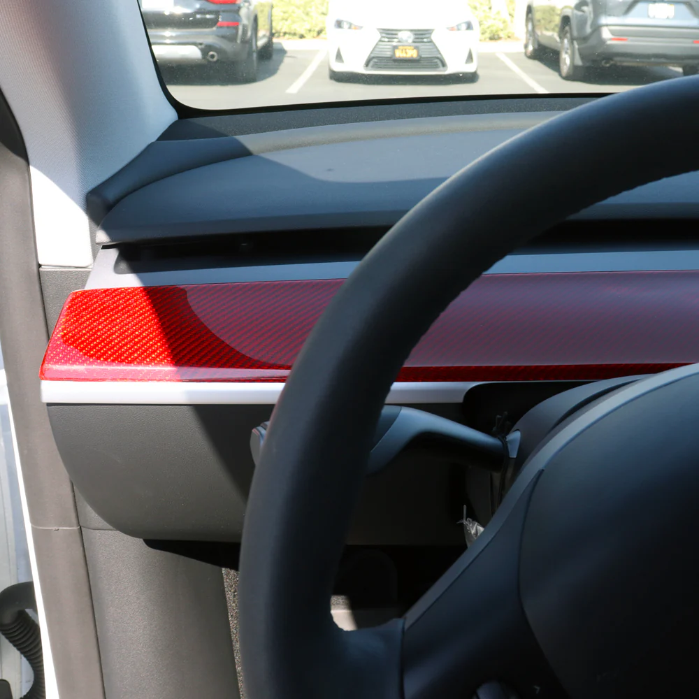 For 2017 - 2023 Tesla Model 3 / Model Y Real Carbon Fiber Dashboard Panel Interior Trim Strip Wrap Cover -Red Carbon Fiber - Image 7