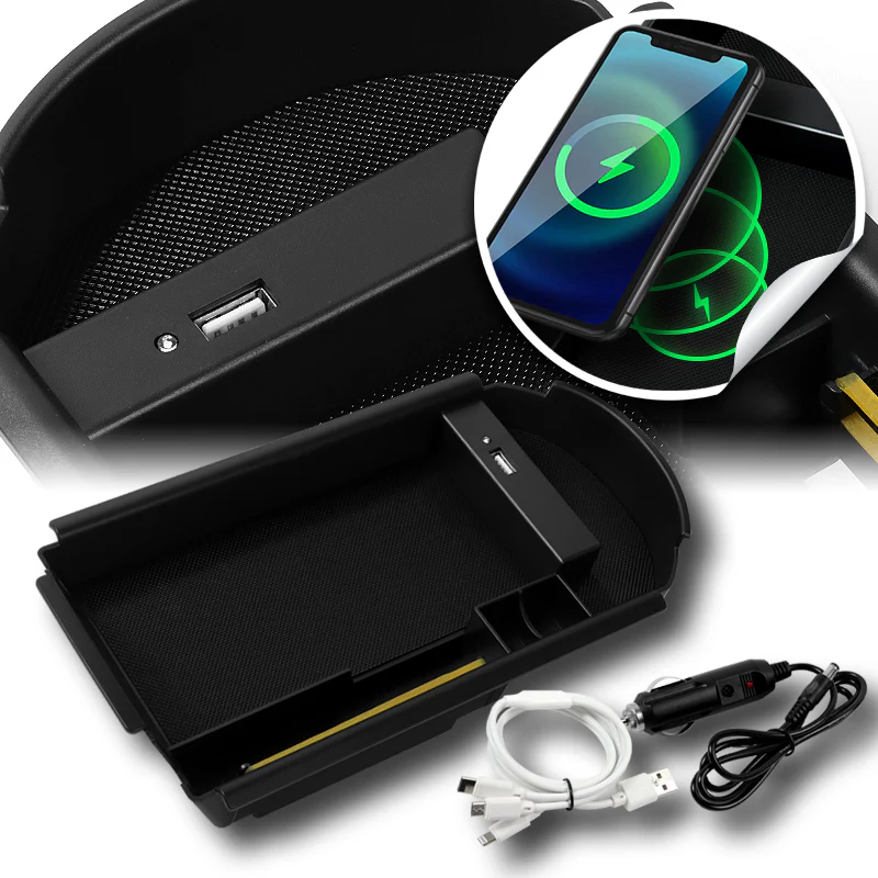 For 2018 - 2022 Toyota C-HR Center Console Organizer Tray Armrest Storage Box With Wireless Charger And USB Ports - Image 2