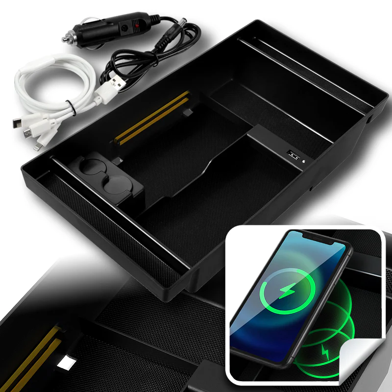 For 2019 - 2021 Chevrolet Chevy Silverado / GMC Sierra Center Console Organizer Tray Armrest Storage Box With Wireless Charger And USB Ports - Image 8