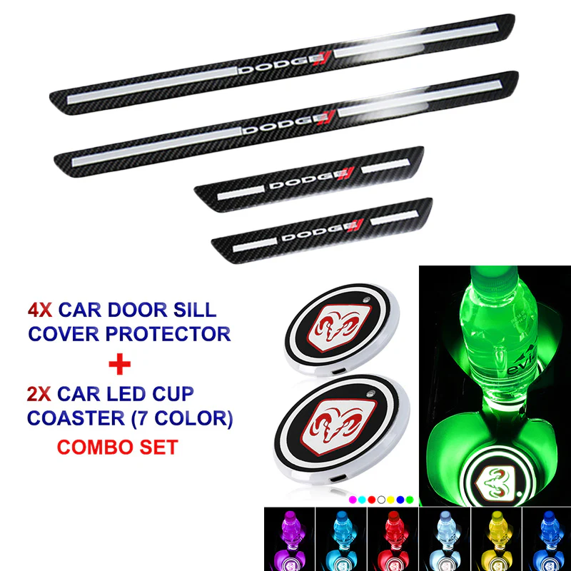 For Dodge Carbon Fiber Car Door Welcome Plate Sill Scuff Cover Decal Sticker 4pc Set with LED Coaster - Image 4