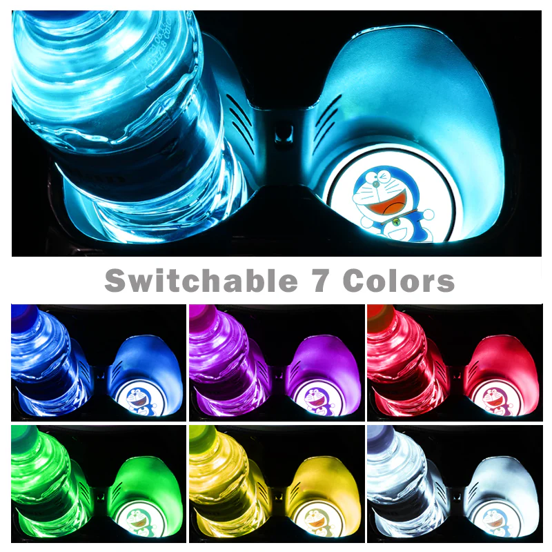 For DORAEMON Switchable 7 Color LED Cup Holder Car Button Mat Atmosphere Light 2PCS - Image 4