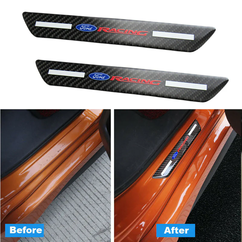 For Ford Carbon Fiber Car Door Welcome Plate Sill Scuff Cover Panel Sticker 4PCS Set with LED Coaster - Image 3