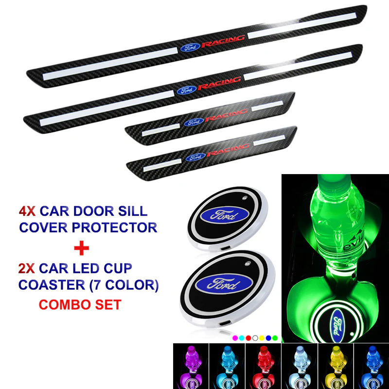 For Ford Carbon Fiber Car Door Welcome Plate Sill Scuff Cover Panel Sticker 4PCS Set with LED Coaster - Image 5
