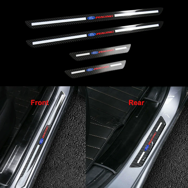 For Ford Carbon Fiber Car Door Welcome Plate Sill Scuff Cover Panel Sticker 4PCS Set with LED Coaster - Image 8