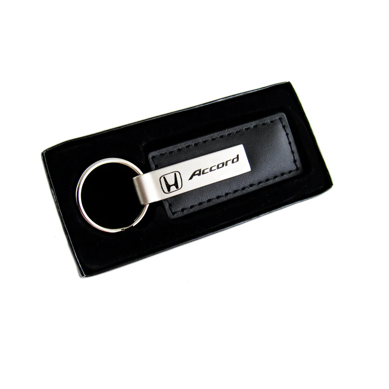 For Honda ACCORD Black Leather Chrome Key Fob Rectangle Keychain Keyring Lanyard - Image 2