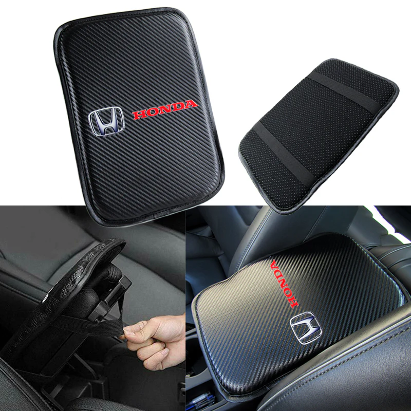 For HONDA Racing Car Center Console Armrest Cushion Mat Pad Cover & Red Leather Keychain Set - Image 2