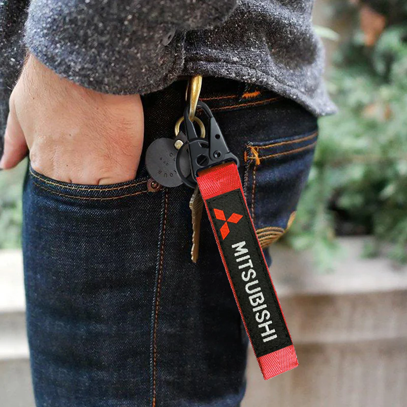 For Mitsubishi Motors Logo Keychain Metal Key Ring Hook Red Strap Nylon Lanyard - Image 4