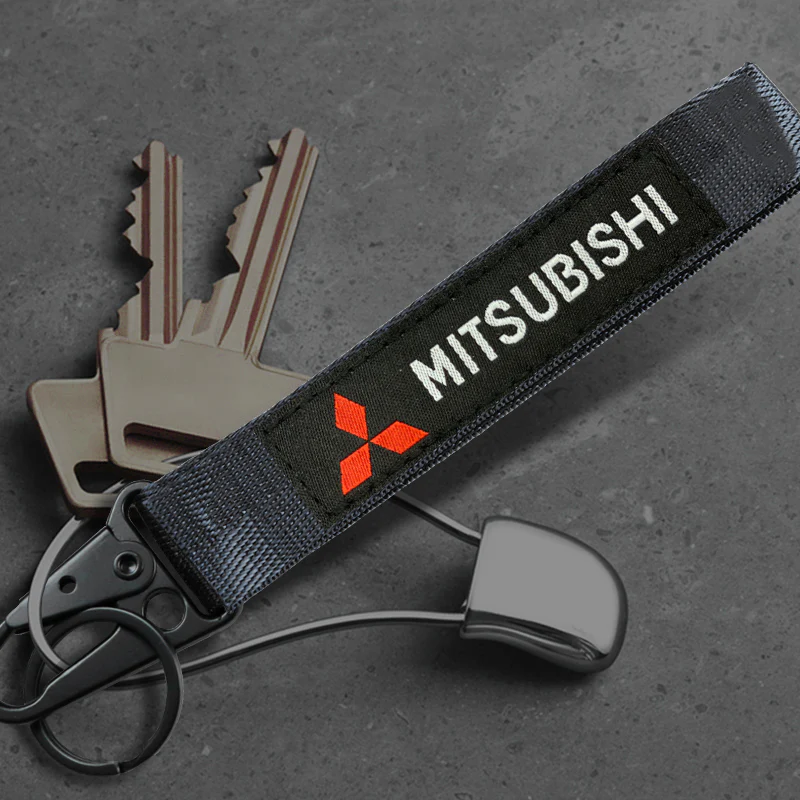 For Mitsubishi Motors Logo Keychain Metal Key Ring Hook Black Strap Nylon Lanyard - Image 2
