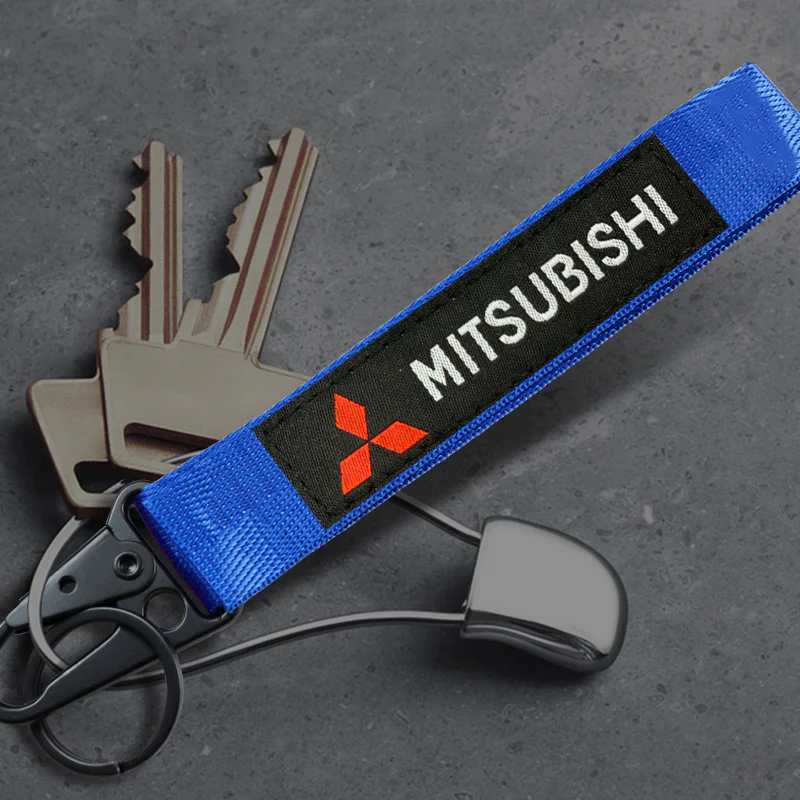 For Mitsubishi Motors Logo Keychain Metal Key Ring Hook Blue Strap Nylon Lanyard - Image 2