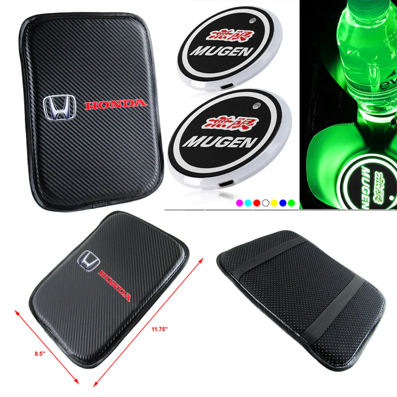For Mugen HONDA Racing Car Center Console Armrest Cushion Mat Pad with LED Coasters Combo Set - Image 5