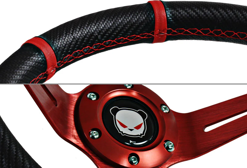 For 1996-2000 Honda Civic 350mm Red / Carbon PVC Leather Steering Wheel + Silver Aluminum Hub - Image 2