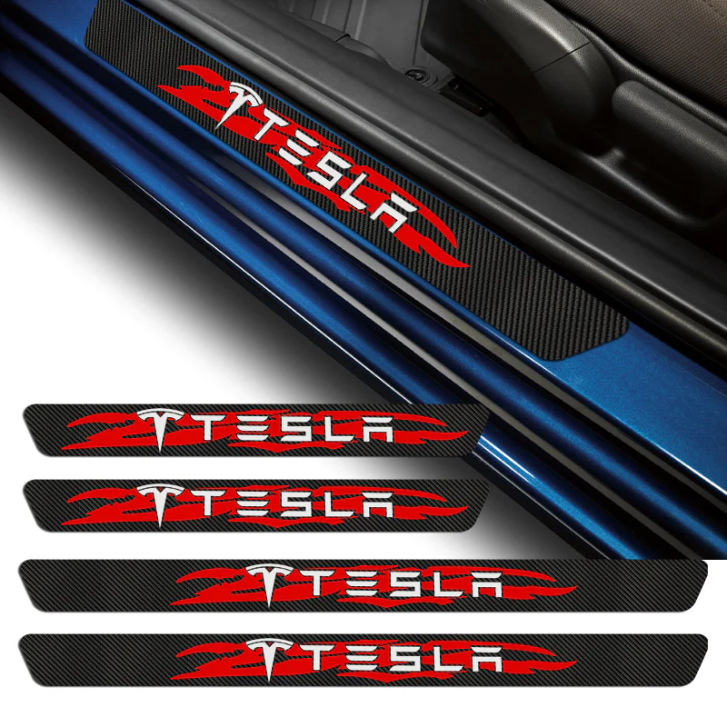 For TESLA NEW 4PCS Set 5D Carbon Fiber Texture Car Door Scuff Sill Cover Panel Step Protector - Image 3