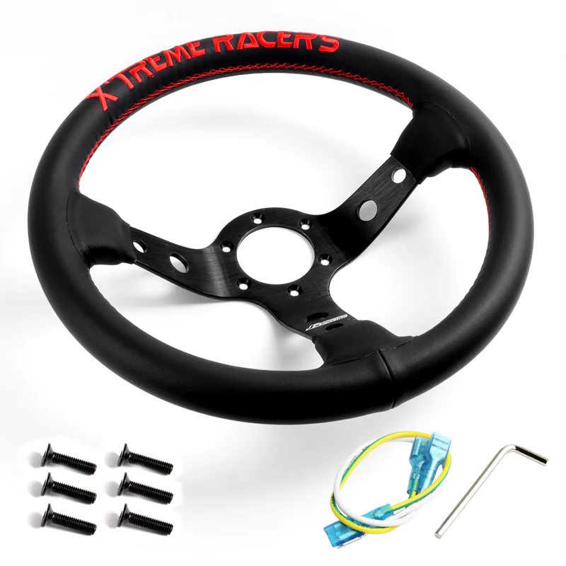 For XTREME RACERS Red Stitches 330mm Embroidery Leather Deep Dish Steering Wheel Horn Button Set - Image 2