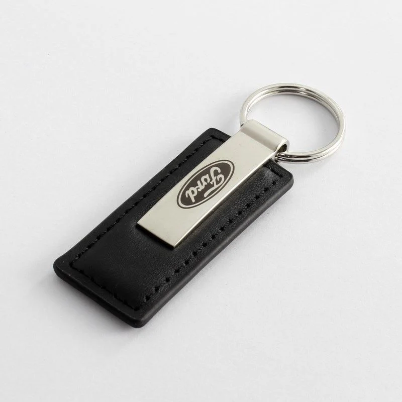 Ford Logo Authentic Black Leather Chrome Key Fob Keyring Keychain Tag Lanyard - Image 2