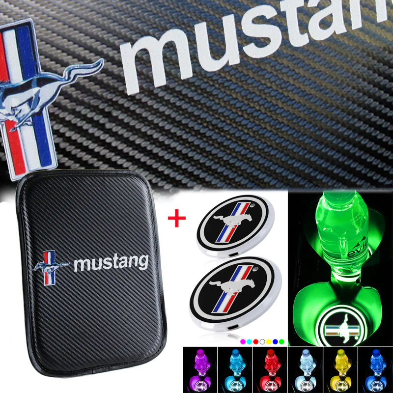 Ford Mustang Carbon Fiber Look Car Center Console Armrest Cushion Mat Pad Cover with LED Coasters Combo Set - Image 2