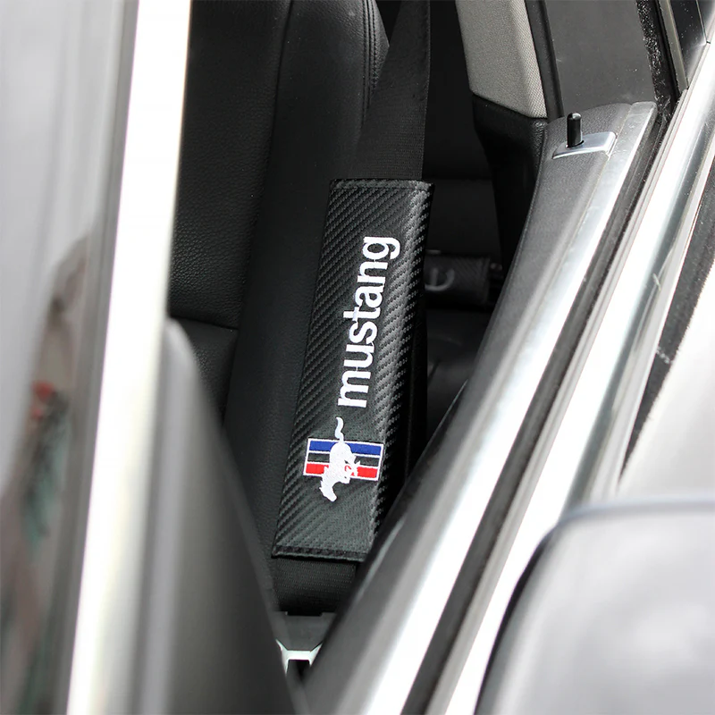Ford Mustang Set Black Carbon Fiber Look Seat Belt Cover X2 with Mustang 5.0 Keychain Lanyard - Image 2