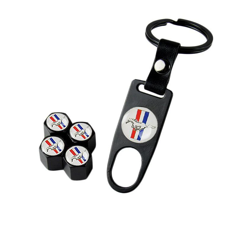 Ford Mustang Set LOGO Emblems with Black Tire Valves Wheel Air Caps Keychain - US SELLER - Image 3