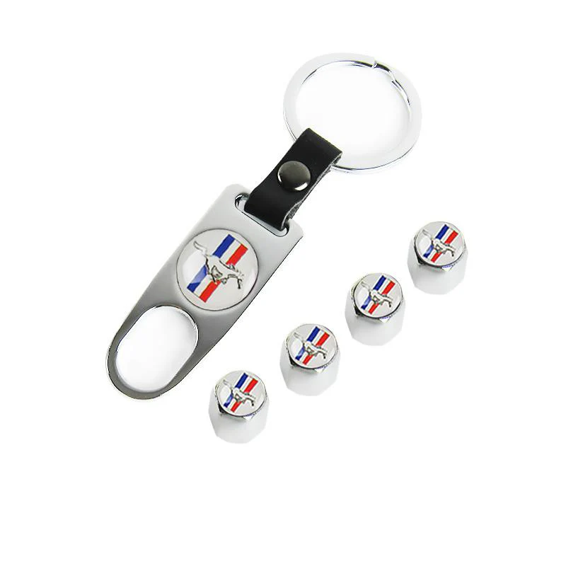 Ford Mustang Set LOGO Emblems with Silver Keychain Tire Valves Wheel Air Caps - US SELLER - Image 6