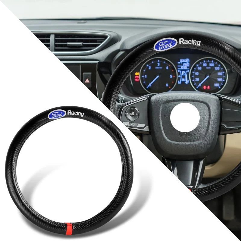Ford Mustang Set of Car 15" Steering Wheel Cover Carbon Fiber Style Leather Ford Racing with Seat Belt Covers - Image 6
