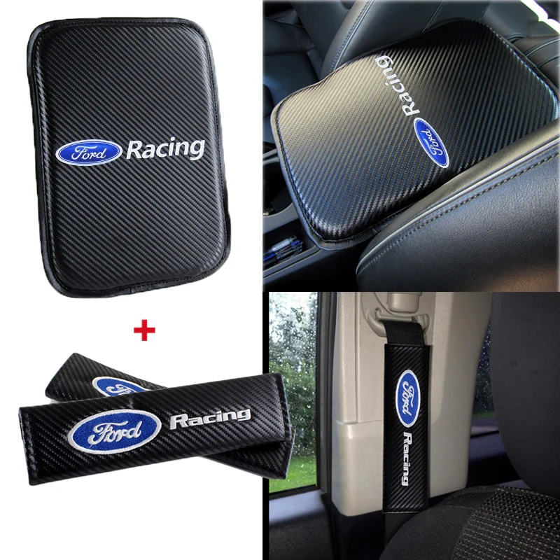 Ford Racing Carbon Fiber Center Armrest Cushion Pad Cover + Seat Belt Cover Set - Image 9