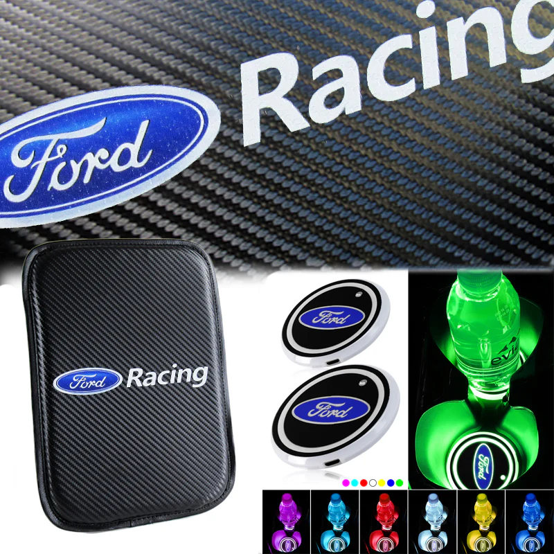 Ford Racing Carbon Fiber Look Car Center Console Armrest Cushion Mat Pad Cover with LED Coasters Combo Set - Image 5
