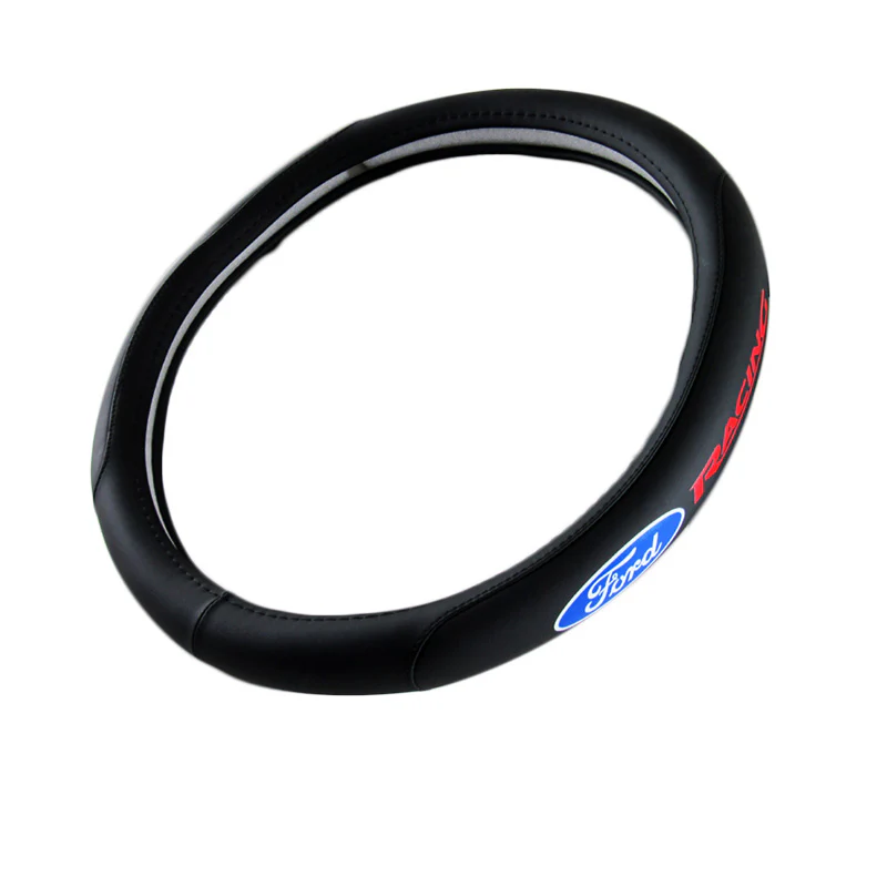FORD RACING Set Black 15" Diameter Car Auto Steering Wheel Cover Quality Leather with Center Console Armrest Cushion Mat Pad Cover - Image 10