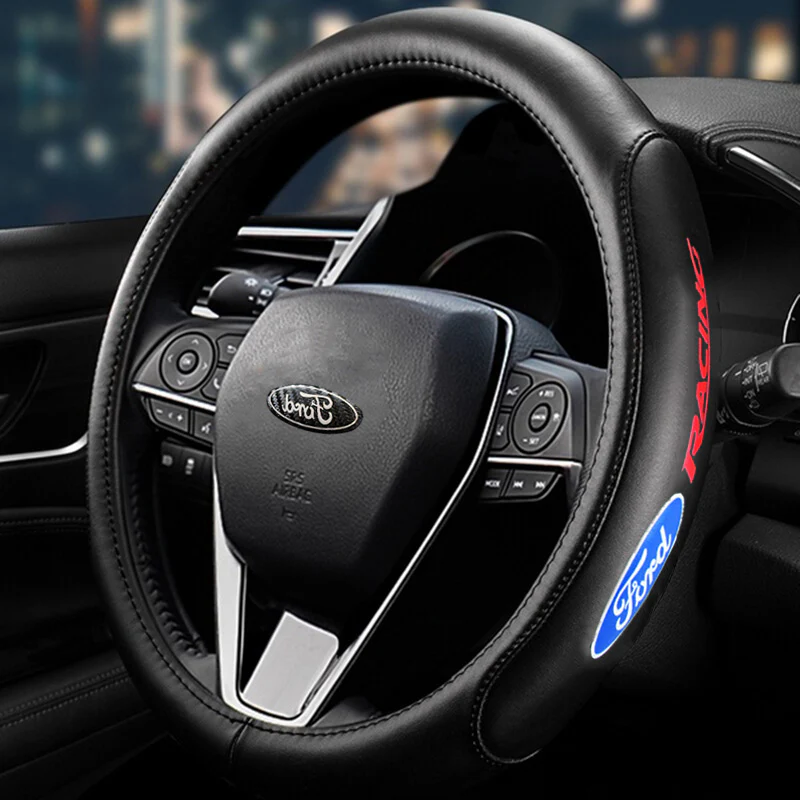 FORD RACING Set Black 15" Diameter Car Auto Steering Wheel Cover Quality Leather with Center Console Armrest Cushion Mat Pad Cover - Image 2