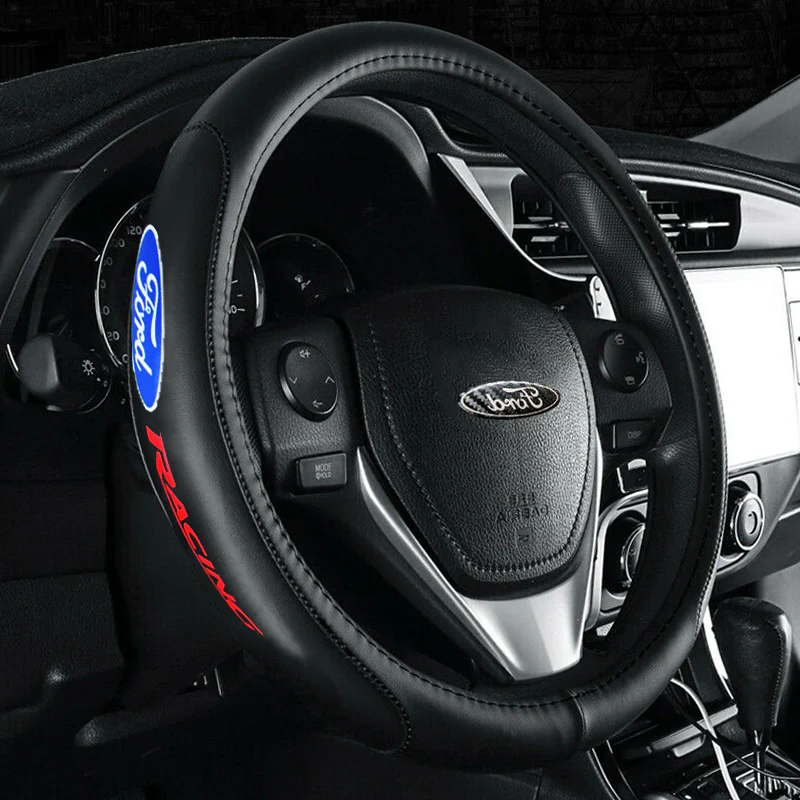 FORD RACING Set Black 15" Diameter Car Auto Steering Wheel Cover Quality Leather with Center Console Armrest Cushion Mat Pad Cover - Image 7