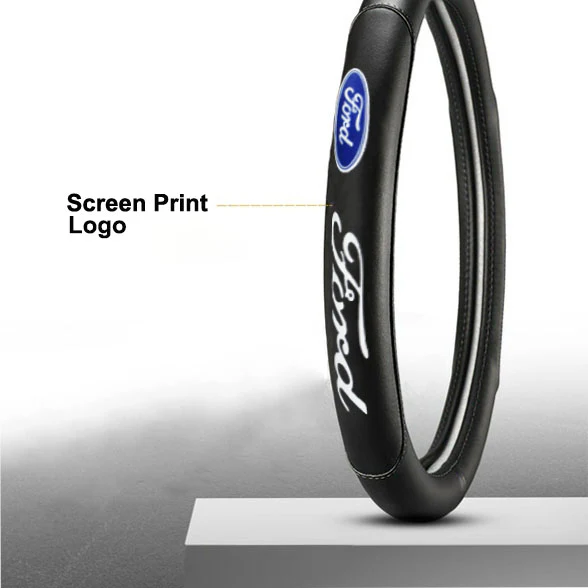 FORD RACING Set Black 15" Diameter Car Auto Steering Wheel Cover Quality Leather with FORD Center Console Armrest Cushion Mat Pad Cover - Image 2