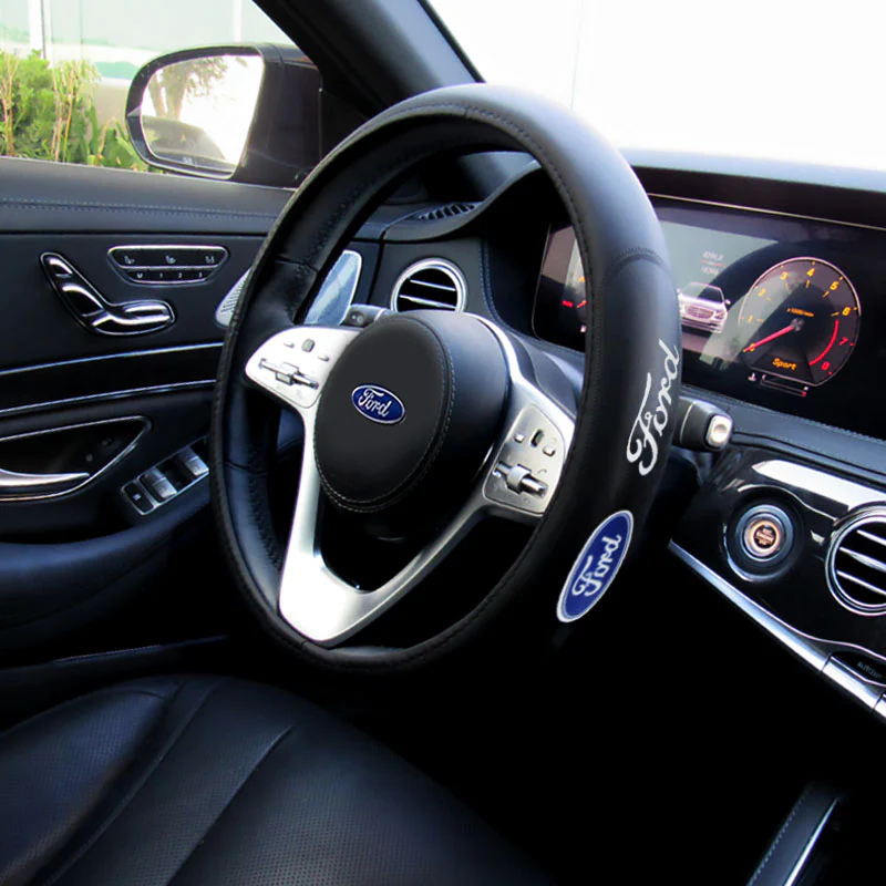FORD RACING Set Black 15" Diameter Car Auto Steering Wheel Cover Quality Leather with FORD Center Console Armrest Cushion Mat Pad Cover - Image 7