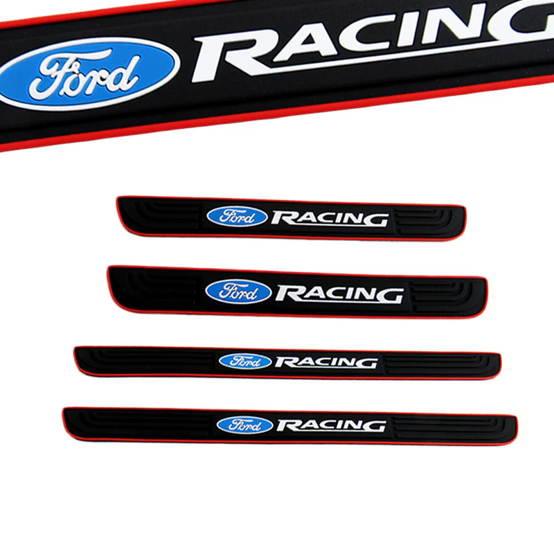 Ford Racing Set Car Door 4PCS Rubber Scuff Sill Panel Step Protector with Wheel Tire Valves Dust Stem Air Caps Keychain - Image 3