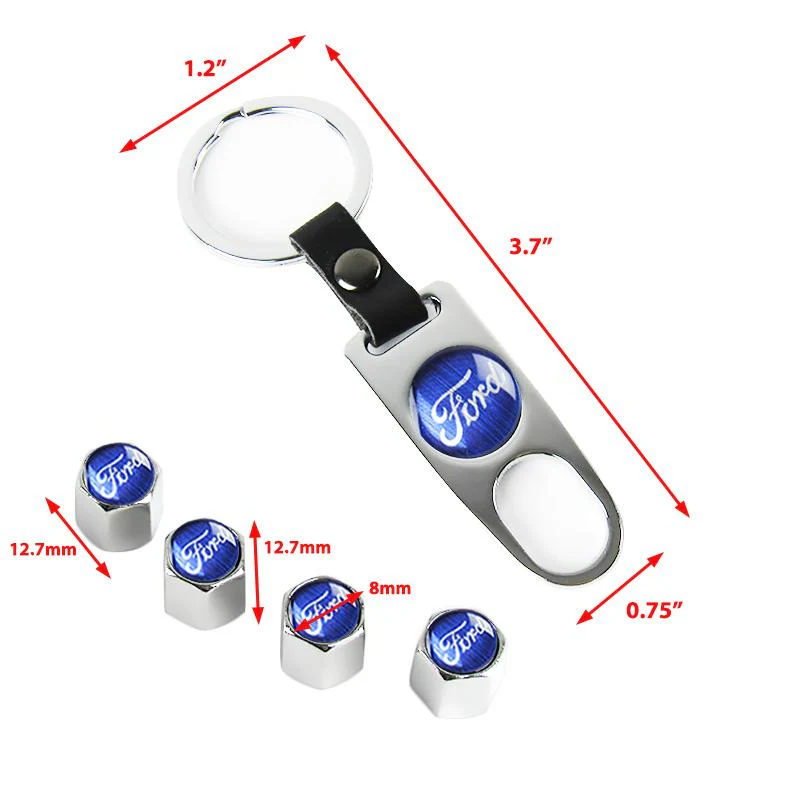 FORD Racing Set LOGO Emblems with Silver Wheel Tire Valves Air Caps Keychain - US SELLER - Image 3