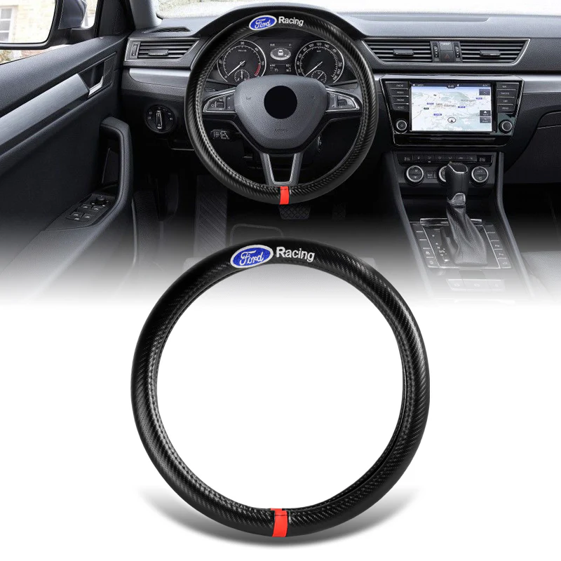 Ford ST RACING Set of Car 15" Steering Wheel Cover Carbon Fiber Style Leather with Seat Belt Covers - Image 7