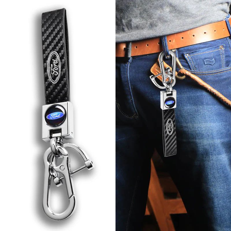 FORD Universal Chrome 3D Logo Carbon Fiber Look Black Leather Metal Gift Decor FORD Racing Quick Release Lanyard Keychain - Image 4