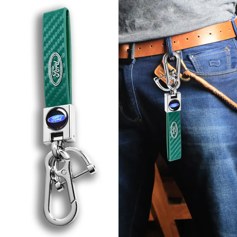FORD Universal Chrome 3D Logo Carbon Fiber Look Green Leather Metal Gift Decor FORD Racing Quick Release Lanyard Keychain - Image 4